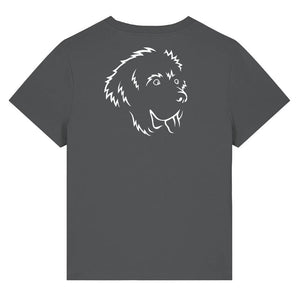 White outline illustration of the head of a Newfoundland dog on the back of an anthracite grey ladies t-shirt