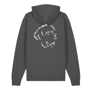 White outline illustration of the head of a Newfoundland on the back of an anthracite grey unisex Hoodie
