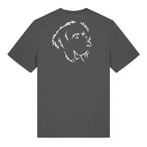 White outline illustration of the head of a Newfoundland on the back of an anthracite grey unisex t-shirt