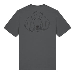Black outline illustration of the head of a Poodle on the back of an anthracite grey unisex t-shirt