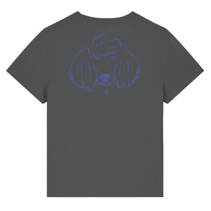 Blue outline illustration of the head of a Poodle on the back of an anthracite grey ladies t-shirt