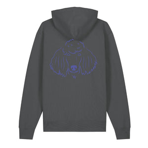 Blue outline illustration of the head of a Poodle on the back of an anthracite grey unisex Hoodie