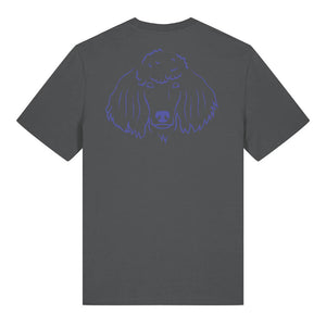 Blue outline illustration of the head of a Poodle on the back of an anthracite grey unisex t-shirt