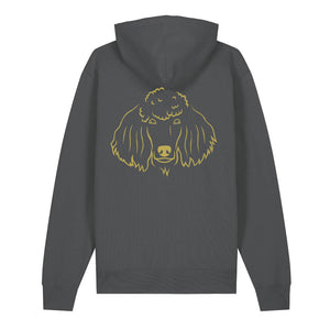 Gold outline illustration of the head of a Poodle on the back of an anthracite grey unisex Hoodie