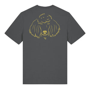 Gold outline illustration of the head of a Poodle on the back of an anthracite grey unisex t-shirt