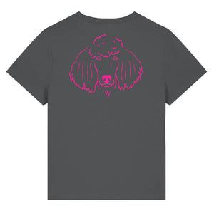 Magenta outline illustration of the head of a Poodle on the back of an anthracite grey ladies t-shirt