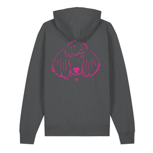 Magenta outline illustration of the head of a Poodle on the back of an anthracite grey unisex Hoodie