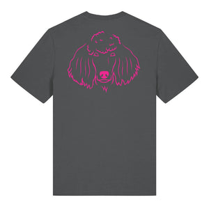 Magenta outline illustration of the head of a Poodle on the back of an anthracite grey unisex t-shirt