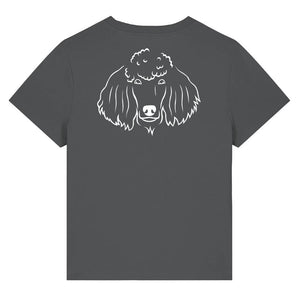 White outline illustration of the head of a Poodle on the back of an anthracite grey ladies t-shirt
