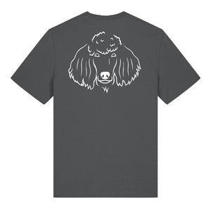 White outline illustration of the head of a Poodle on the back of an anthracite grey unisex t-shirt