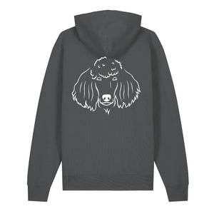 White outline illustration of the head of a Poodle on the back of an anthracite grey unisex Hoodie