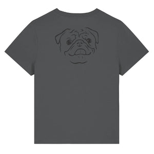 Black outline illustration of the head of a Pug on the back of an anthracite grey ladies t-shirt