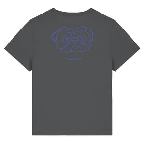 Blue outline illustration of the head of a Pug on the back of an anthracite grey ladies t-shirt