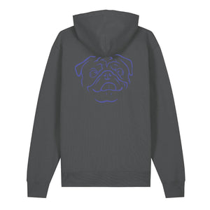 Blue outline illustration of the head of a Pug on the back of an anthracite grey unisex Hoodie