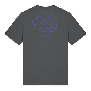 Blue outline illustration of the head of a Pug on the back of an anthracite grey unisex t-shirt
