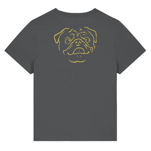 Gold outline illustration of the head of a Pug on the back of an anthracite grey ladies t-shirt