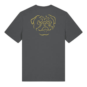 Gold outline illustration of the head of a Pug on the back of an anthracite grey unisex t-shirt