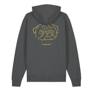 Gold outline illustration of the head of a Pug on the back of an anthracite grey unisex Hoodie
