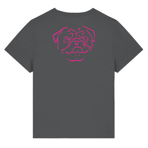 Magenta outline illustration of the head of a Pug on the back of an anthracite grey ladies t-shirt