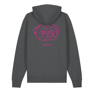Magenta outline illustration of the head of a Pug on the back of an anthracite grey unisex Hoodie