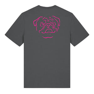Magenta outline illustration of the head of a Pug on the back of an anthracite grey unisex t-shirt
