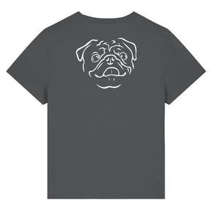 White outline illustration of the head of a Pug on the back of an anthracite grey ladies t-shirt