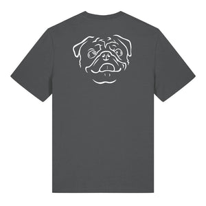 White outline illustration of the head of a Pug on the back of an anthracite grey unisex t-shirt