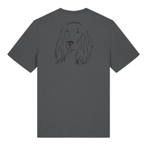 Black outline illustration of the head of an Irish Red Setter on the back of an anthracite grey unisex t-shirt