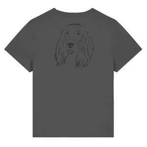 Black outline illustration of the head of an Irish Red Setter on the back of an anthracite grey ladies t-shirt