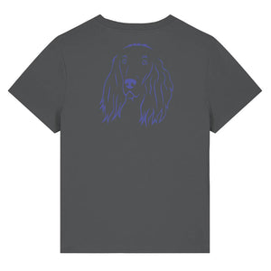 Blue outline illustration of the head of an Irish Red Setter on the back of an anthracite grey ladies t-shirt