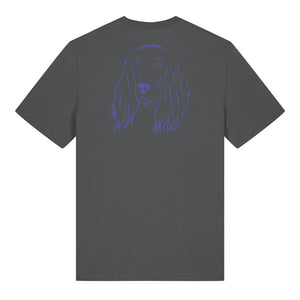 Blue outline illustration of the head of an Irish Red Setter on the back of an anthracite grey unisex t-shirt