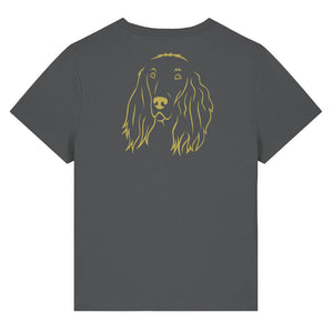 Gold outline illustration of the head of an Irish Red Setter on the back of an anthracite grey ladies t-shirt