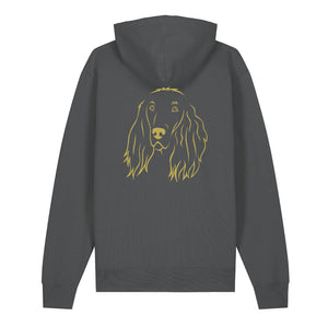 Gold outline illustration of the head of an Irish Red Setter on the back of an anthracite grey unisex Hoodie