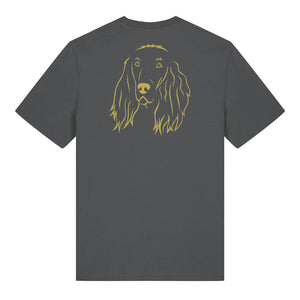 Gold outline illustration of the head of an Irish Red Setter on the back of an anthracite grey unisex t-shirt
