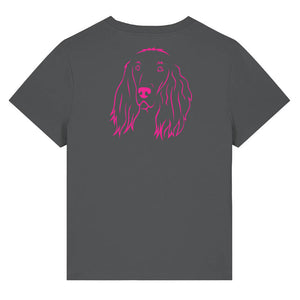 Magenta outline illustration of the head of an Irish Red Setter on the back of an anthracite grey ladies t-shirt
