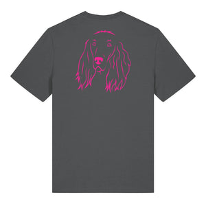 Magenta outline illustration of the head of an Irish Red Setter on the back of an anthracite grey unisex t-shirt