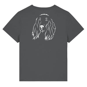 White outline illustration of the head of an Irish Red Setter on the back of an anthracite grey ladies t-shirt