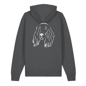 White outline illustration of the head of an Irish Red Setter on the back of an anthracite grey unisex Hoodie