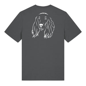 White outline illustration of the head of an Irish Red Setter on the back of an anthracite grey unisex t-shirt