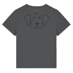 Black outline illustration of the head of a Rhodesian Ridgeback on the back of an anthracite grey ladies t-shirt