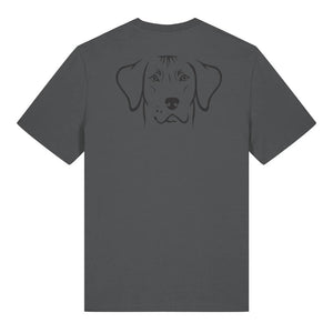 Black outline illustration of the head of a Rhodesian Ridgeback on the back of an anthracite grey unisex t-shirt