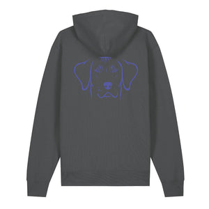 Blue outline illustration of the head of a Rhodesian Ridgeback on the back of an anthracite grey unisex Hoodie