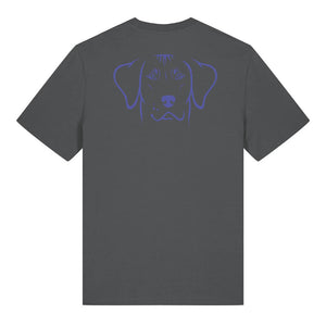 Blue outline illustration of the head of a Rhodesian Ridgeback on the back of an anthracite grey unisex t-shirt