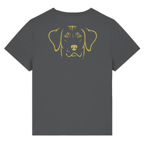 Gold outline illustration of the head of a Rhodesian Ridgeback on the back of an anthracite grey ladies t-shirt