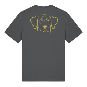 Gold outline illustration of the head of a Rhodesian Ridgeback on the back of an anthracite grey unisex t-shirt