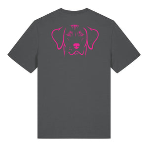 Magenta outline illustration of the head of a Rhodesian Ridgeback on the back of an anthracite grey unisex t-shirt