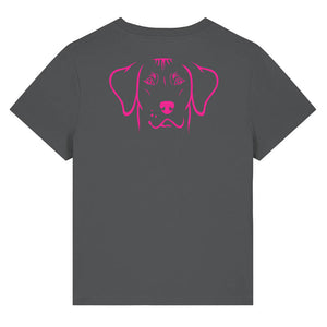 Magenta outline illustration of the head of a Rhodesian Ridgeback on the back of an anthracite grey ladies t-shirt