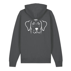 White outline illustration of the head of a Rhodesian Ridgeback on the back of an anthracite grey unisex Hoodie