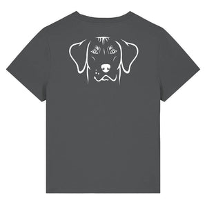 White outline illustration of the head of a Rhodesian Ridgeback on the back of an anthracite grey ladies t-shirt