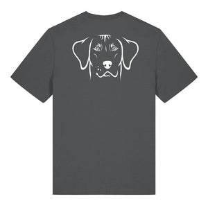 White outline illustration of the head of a Rhodesian Ridgeback on the back of an anthracite grey unisex t-shirt